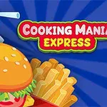 Hamburger, hranolky a nápoj na modrom pozadí s nápisom Cooking Mania Express