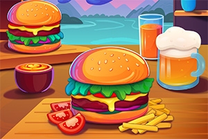 Šťavnatý hamburger s hranolkami, paradajkami a nápojmi na drevenom stole s výhľadom na hory