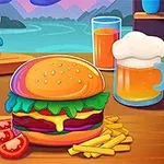 Šťavnatý hamburger s hranolkami, paradajkami a nápojmi na drevenom stole s výhľadom na hory