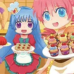 Tri anime postavičky v stredovekých kuchynských zásterách držia taniere s rôznymi dezertmi