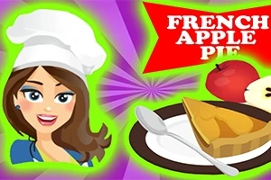 Kreslená postava kuchárky vedľa taniera s jablkovým koláčom a nápisom „French Apple Pie“