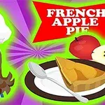 Kreslená postava kuchárky vedľa taniera s jablkovým koláčom a nápisom „French Apple Pie“