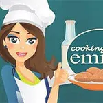 Žena v kuchárskej čiapke stojí vedľa taniera s pečivom, s nástrojmi na varenie a ingredienciami v pozadí