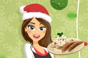 Žena s čiapkou Santy drží tanier s jedlom na zelenom pozadí s vločkami