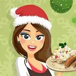 Žena s čiapkou Santy drží tanier s jedlom na zelenom pozadí s vločkami