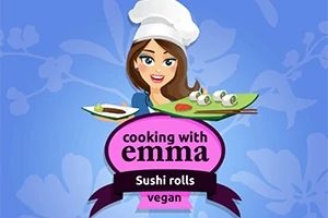 Kreslená postava kuchárky Emmy v bielom kuchárskom klobúku držiaca taniere so suši, na modrom pozadí s logom cooking with emma a textom Sushi rolls vegan
