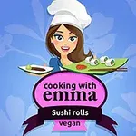 Kreslená postava kuchárky Emmy v bielom kuchárskom klobúku držiaca taniere so suši, na modrom pozadí s logom cooking with emma a textom Sushi rolls vegan