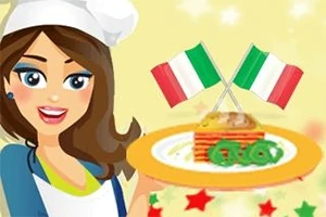Kreslená kuchárka s hnedými vlasmi a bielou čiapkou drží tanier s lasagnami ozdobenými dvoma talianskymi vlajočkami