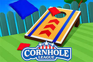 Farebná cornhole doska s vreckami na piesok na trávniku pred modrým plotom