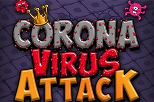 Nápis „Coronavirus Attack“ s korunkou a kreslenými vírusmi na pozadí tmavých dlaždíc
