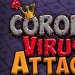 Nápis „Coronavirus Attack“ s korunkou a kreslenými vírusmi na pozadí tmavých dlaždíc