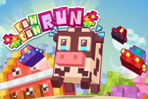 Kockovaná krava skáče medzi farebnými pixelovými autíčkami na farebnom pozadí s nápisom „Run“ v hornej časti