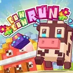 Kockovaná krava skáče medzi farebnými pixelovými autíčkami na farebnom pozadí s nápisom „Run“ v hornej časti