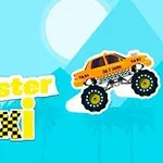 Žlté monster taxi s veľkými kolesami a nápisom Crayz Monster Taxi na svetlomodrom pozadí s pyramídou