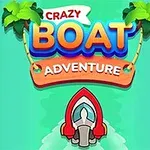 Jasne farebný nápis Crazy Boat Adventure s červenou loďou v strede, obklopenou zelenými palmami a džungľou