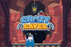 Kreslený baník s čelovkou stojí v modrom vozíku pred vchodom do jaskyne s lampášom visiacej nad nápisom Crazy Caves
