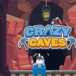 Kreslený baník s čelovkou stojí v modrom vozíku pred vchodom do jaskyne s lampášom visiacej nad nápisom Crazy Caves
