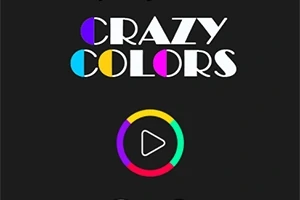 Biele písmo CRAZY COLORS na tmavom pozadí s farebnými kruhmi a tlačidlom prehrávania