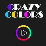 Biele písmo CRAZY COLORS na tmavom pozadí s farebnými kruhmi a tlačidlom prehrávania