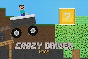 Pixelová postava jazdí na vozidle cez terén so znakom otázniku v pozadí a textom Crazy Driver Noob