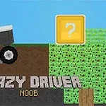 Pixelová postava jazdí na vozidle cez terén so znakom otázniku v pozadí a textom Crazy Driver Noob