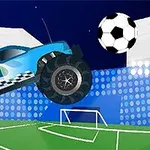 Modré monster truck auto skáče v aréne s futbalovou loptou nad futbalovým ihriskom