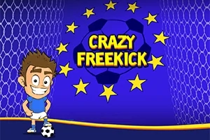 Kreslený futbalista so širokým úsmevom stojí pri futbalovej lopte na modrom pozadí s hviezdami a nápisom Crazy Freekick