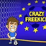 Kreslený futbalista so širokým úsmevom stojí pri futbalovej lopte na modrom pozadí s hviezdami a nápisom Crazy Freekick