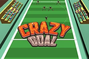 Text Crazy Goal na zelenom futbalovom ihrisku s tribúnami a hráčmi