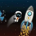Astronaut v skafandri letí vedľa rakety na hviezdnej oblohe