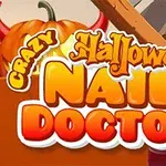 Tekst Crazy Halloween Nail Doctor s tekvicou v pozadí a oknom s lampou