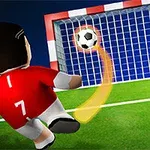 Postavička v červenom drese s číslom 7 strieľa loptu do futbalovej brány