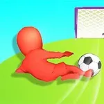 Červená postava kope do futbalovej lopty smerom k bráne s brankárom