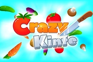 Farebný nápis Crazy Knife s lietajúcimi zeleninami a nožom na modrom pozadí