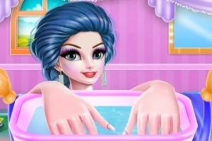 Žena s modrými vlasmi máčajúca si ruky vo fialovej miske s vodou v pestovanom prostredí