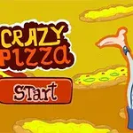 Kreslený kuchár s čapicou a veľkým úsmevom stojí pred plávajúcimi pizzami, vedľa loga Crazy Pizza