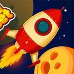 Kreslená červená a biela raketa s plameňmi letí vesmírom okolo oranžovej planéty