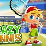 Chlapec s tenisovou raketou na tenisovom kurte vedľa zeleného maskota a nápisom Crazy Tennis