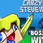 V popredí je postava s modrými očami a žltým mečom, na pozadí modrá príšera a nápisy Crazy Steve