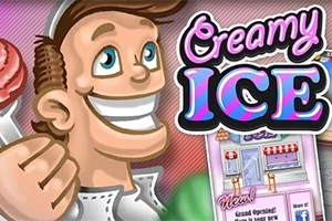 Usmievavý karikovaný muž drží zmrzlinu vedľa nápisu Creamy ICE s ružovo-modrým dizajnom a obrázkami zmrzlinárne