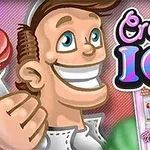 Usmievavý karikovaný muž drží zmrzlinu vedľa nápisu Creamy ICE s ružovo-modrým dizajnom a obrázkami zmrzlinárne