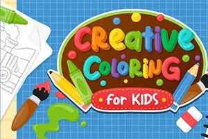 Farebná ilustrácia s nápisom Creative Coloring for Kids obklopená kresliacimi potrebami ako farba, štetec, ceruzka a omaľovánka