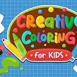 Farebná ilustrácia s nápisom Creative Coloring for Kids obklopená kresliacimi potrebami ako farba, štetec, ceruzka a omaľovánka