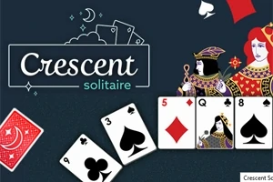 Motív kariet s kráľovskou a dámskou postavou, rozložené hracie karty a nápis Crescent Solitaire na tmavomodrom pozadí