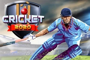 Kreslený kriketový hráč v modrej uniforme švihajúci pálkou, vedľa je štít s textom CRICKET 2020