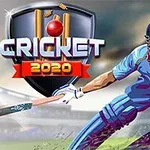 Kreslený kriketový hráč v modrej uniforme švihajúci pálkou, vedľa je štít s textom CRICKET 2020