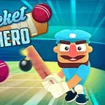 Kreslená postavička kriketu s pálkou a loptami na ihrisku s nápisom Cricket Hero na modrom pozadí