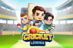 Traja kreslení hráči kriketu s pálkou a loptou na štadióne s logom Cricket Legends v popredí