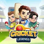 Traja kreslení hráči kriketu s pálkou a loptou na štadióne s logom Cricket Legends v popredí