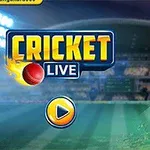 Kriketový hráč v modrej uniforme sa pripravuje na úder vedľa loga s nápisom CRICKET LIVE na osvetlenom štadióne